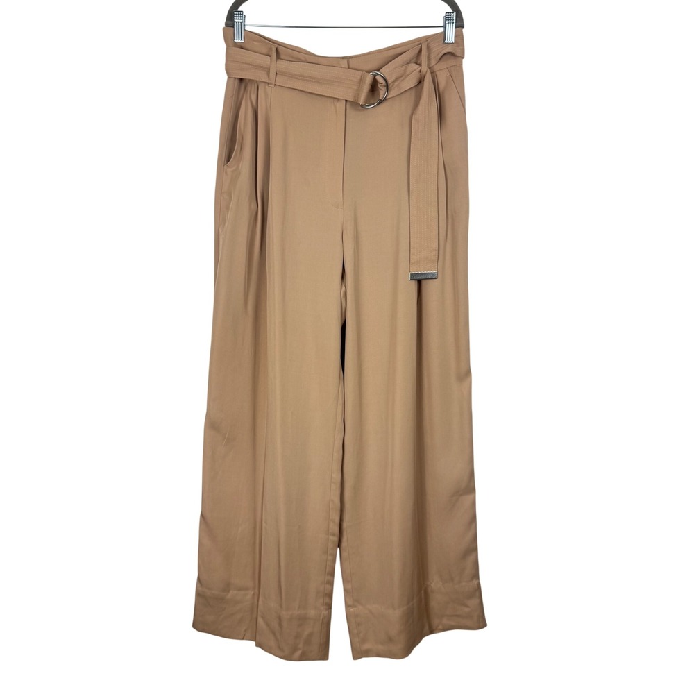H&M Conscious Tan Wide Leg Tencel Lyocell Belted Trousers Pants High Rise‎ Sz 14